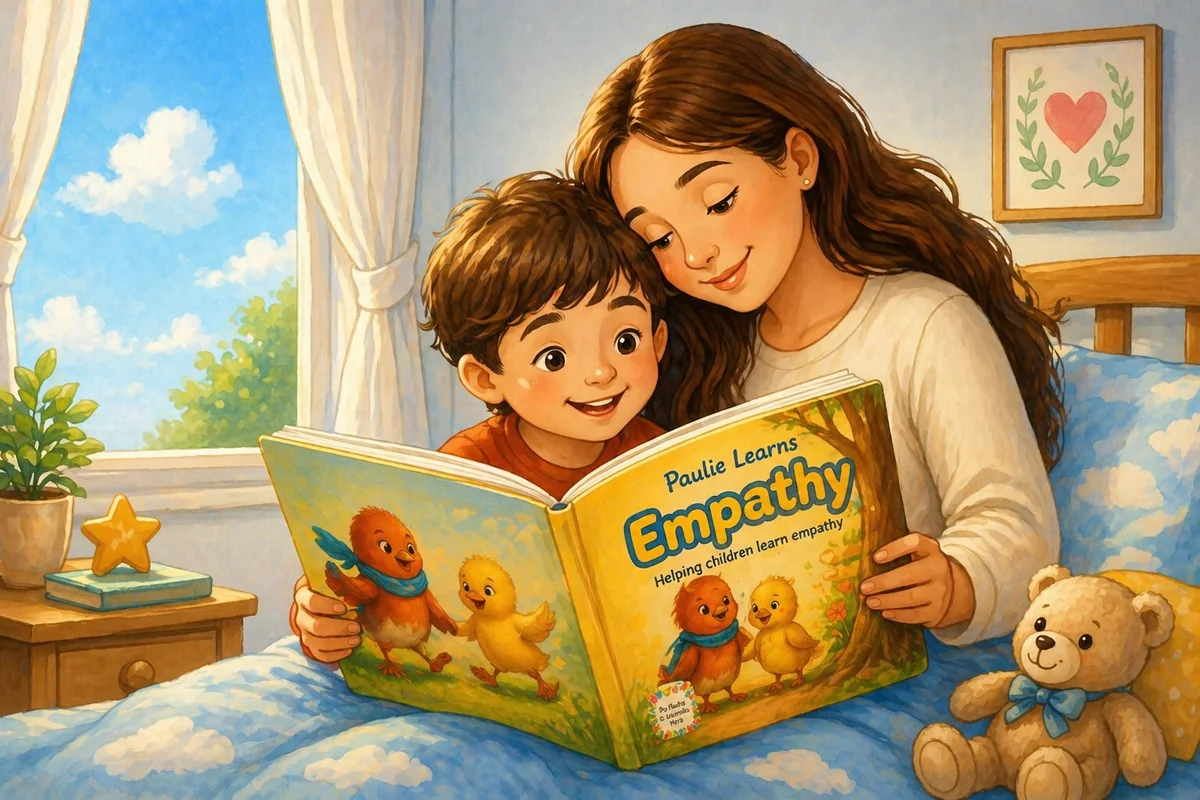 Mother and child reading a Paulie Birdie book
